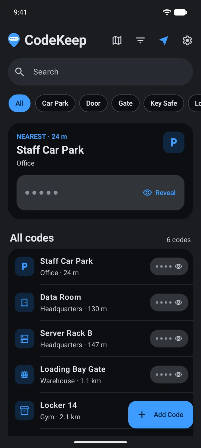 CodeKeep on Android showing the nearest code and all codes