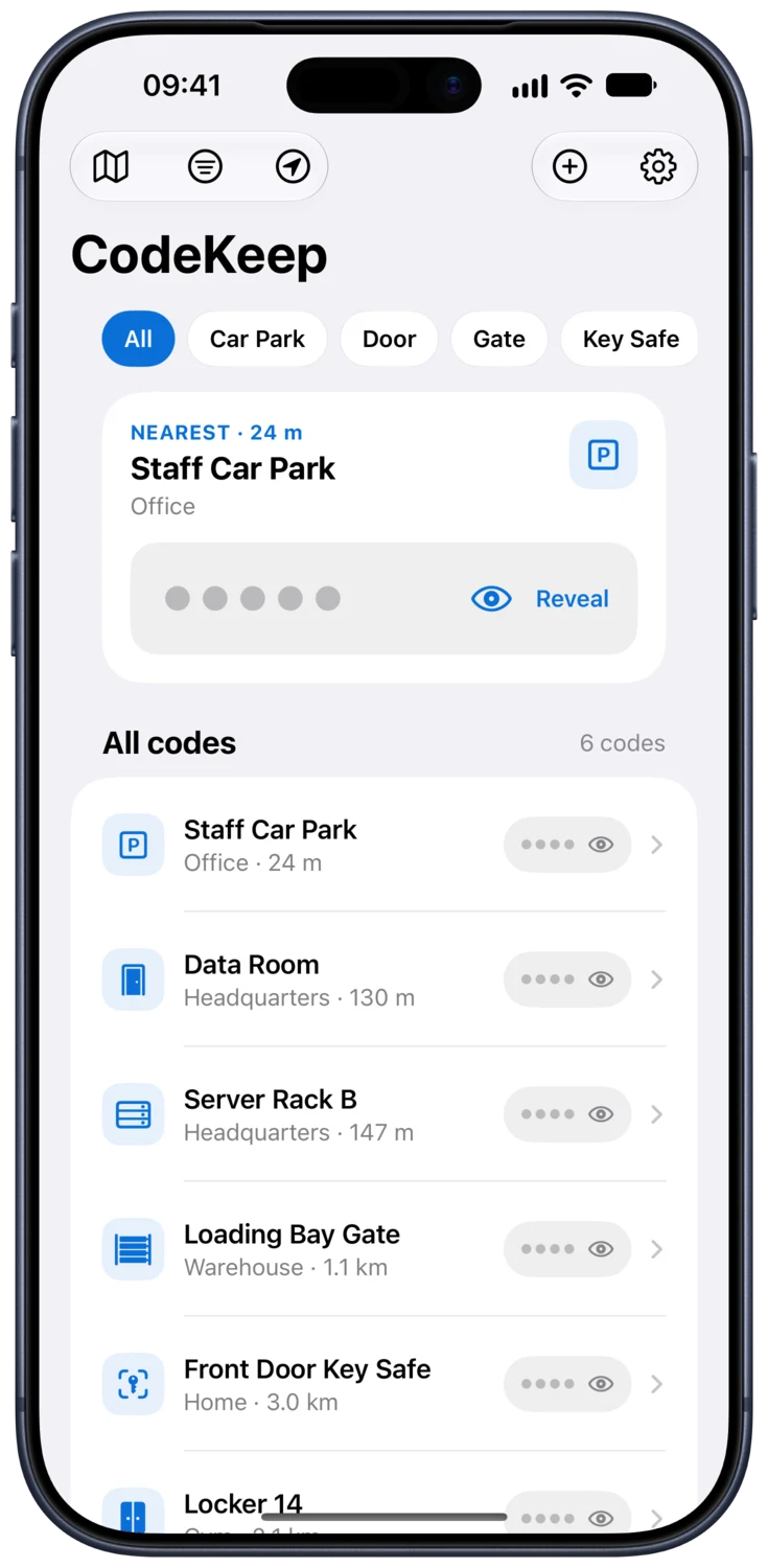 CodeKeep on iPhone showing the nearest code and all codes