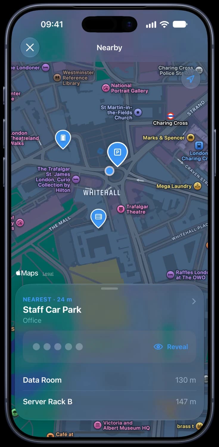 The Nearby map with code pins around you