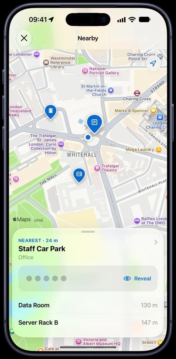 The Nearby map with code pins around you